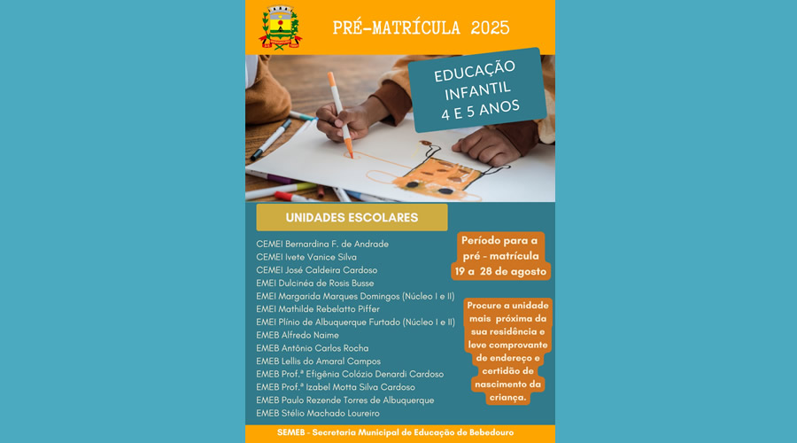 Matrículas abertas para Educação Infantil em 2025